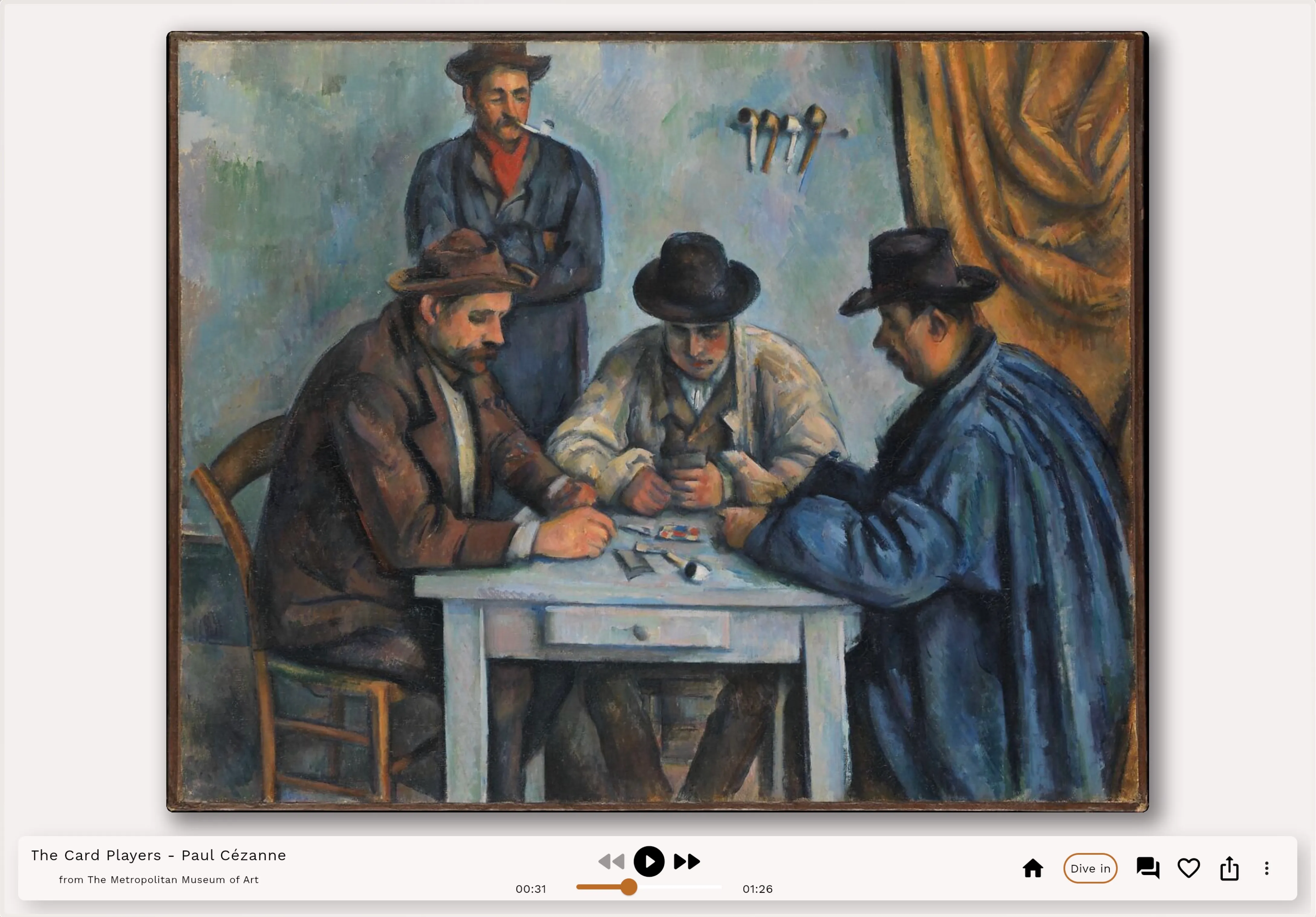 Playing artwork on Galleree. Cezanne's Card Players shown here, from The Met. Hear an immersive story and interact with the art like you never could before.